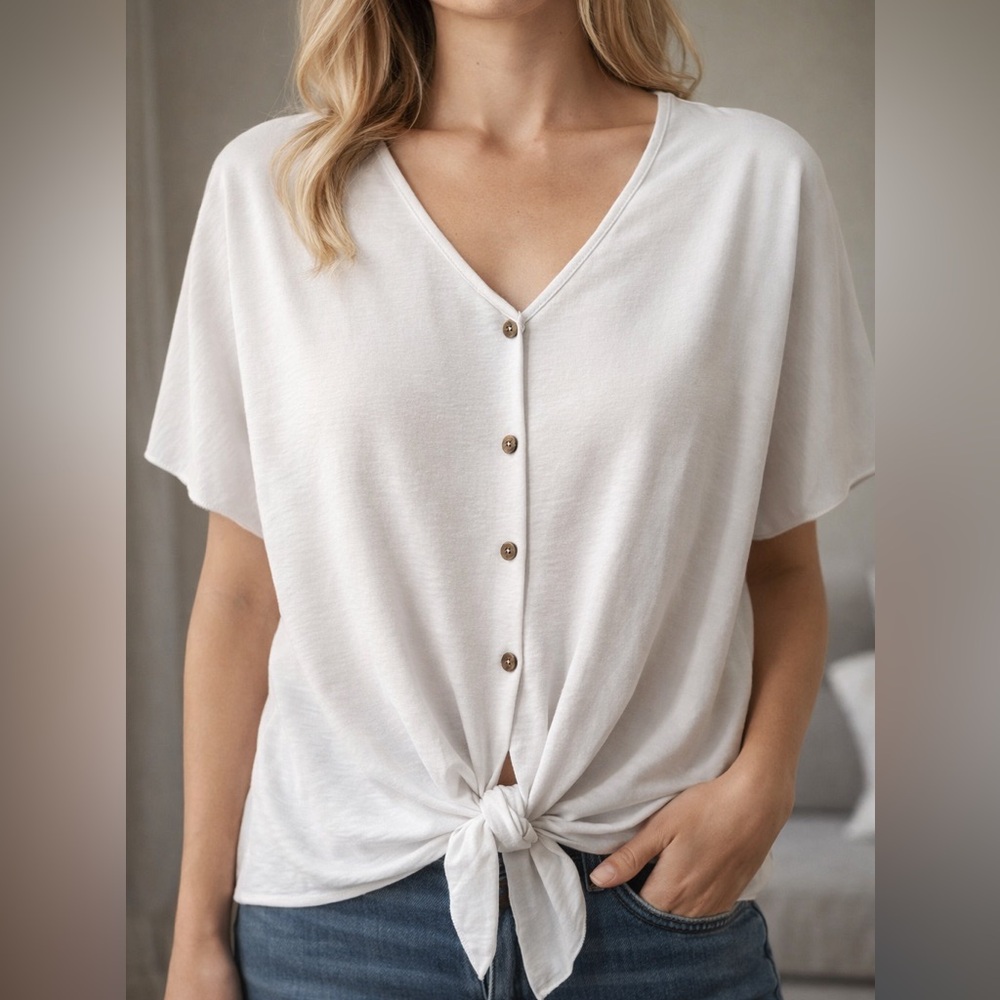 Adorable, white button down shirt with a tie at the bottom.  Size Medium.